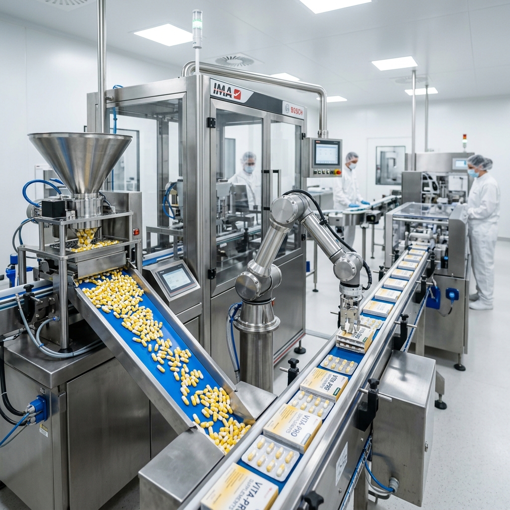 Linha de envase de cápsulas automatizada na fábrica NUF Cravinhos